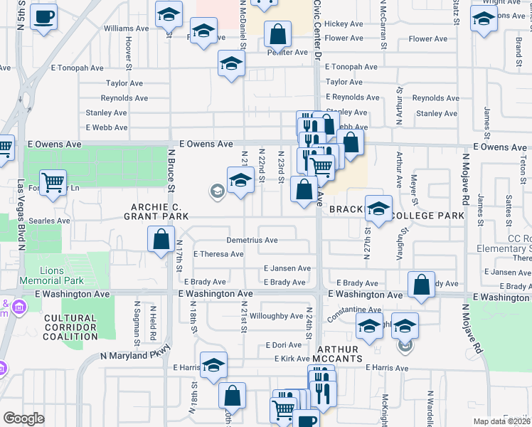 map of restaurants, bars, coffee shops, grocery stores, and more near 1300 North 22nd Street in Las Vegas