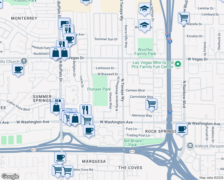 map of restaurants, bars, coffee shops, grocery stores, and more near 1200 Olvera Way in Las Vegas