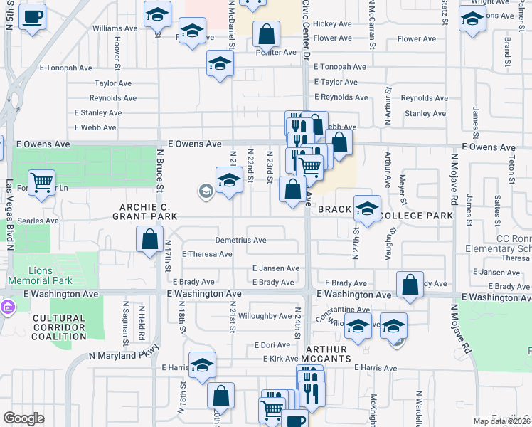 map of restaurants, bars, coffee shops, grocery stores, and more near 1301 North 23rd Street in Las Vegas