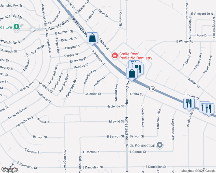 map of restaurants, bars, coffee shops, grocery stores, and more near 2870 Goldrush Street in Pahrump