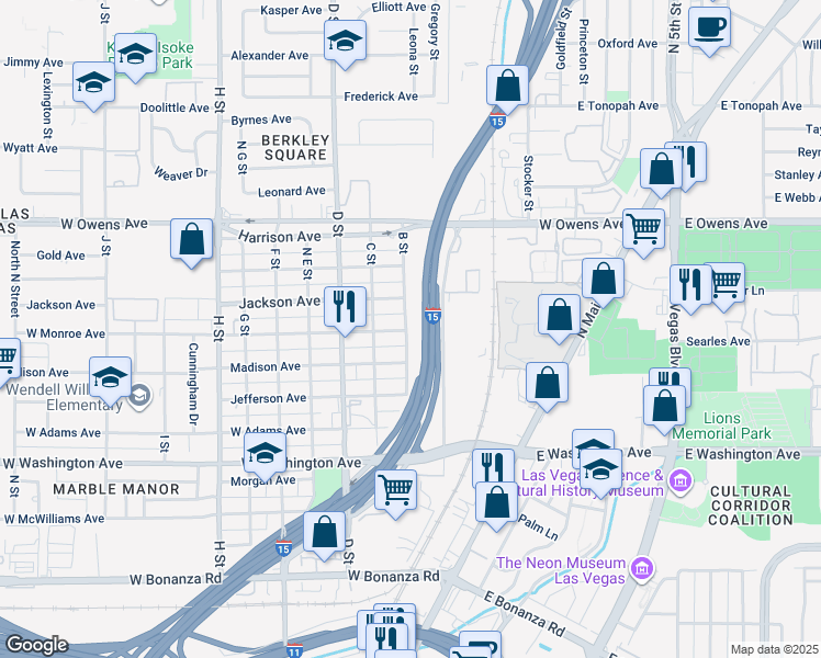 map of restaurants, bars, coffee shops, grocery stores, and more near 1200 B Street in Las Vegas