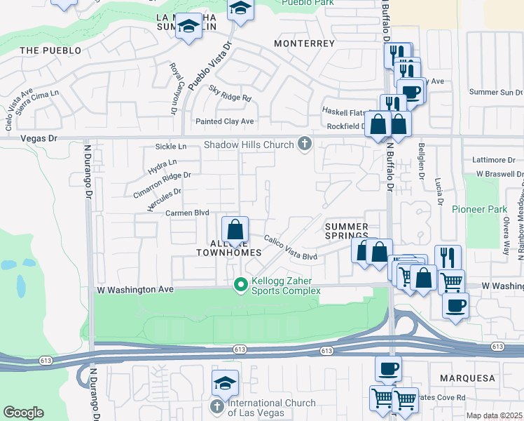 map of restaurants, bars, coffee shops, grocery stores, and more near 1301 Pinto Rock Lane in Las Vegas