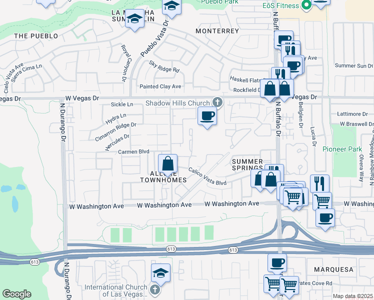 map of restaurants, bars, coffee shops, grocery stores, and more near 1301 Pinto Rock Lane in Las Vegas