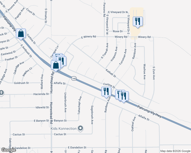 map of restaurants, bars, coffee shops, grocery stores, and more near 2381 Crow Lane in Pahrump