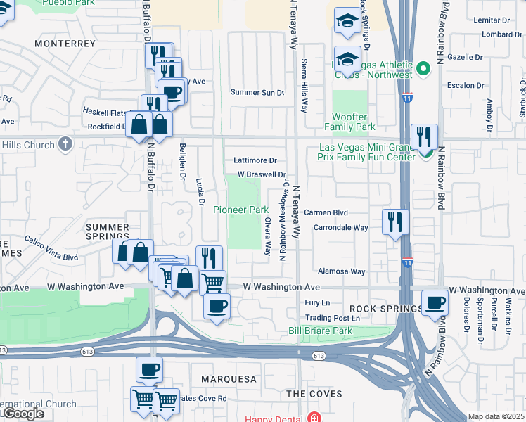 map of restaurants, bars, coffee shops, grocery stores, and more near 1217 Olvera Way in Las Vegas