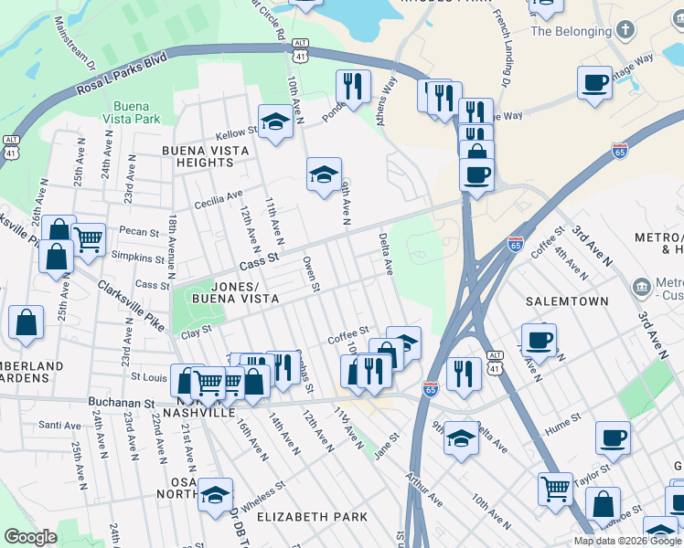map of restaurants, bars, coffee shops, grocery stores, and more near 1007B Clay Street in Nashville