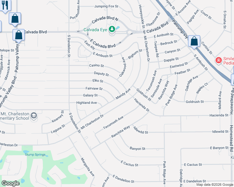 map of restaurants, bars, coffee shops, grocery stores, and more near 2150 Fairview Street in Pahrump