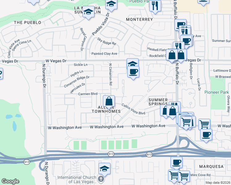 map of restaurants, bars, coffee shops, grocery stores, and more near 1108 North Cimarron Road in Las Vegas