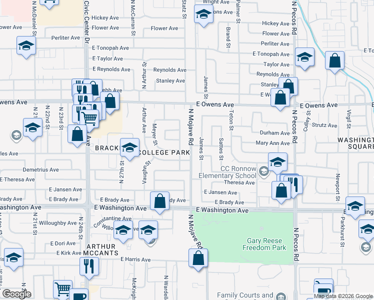 map of restaurants, bars, coffee shops, grocery stores, and more near 1300 North Mojave Road in Las Vegas