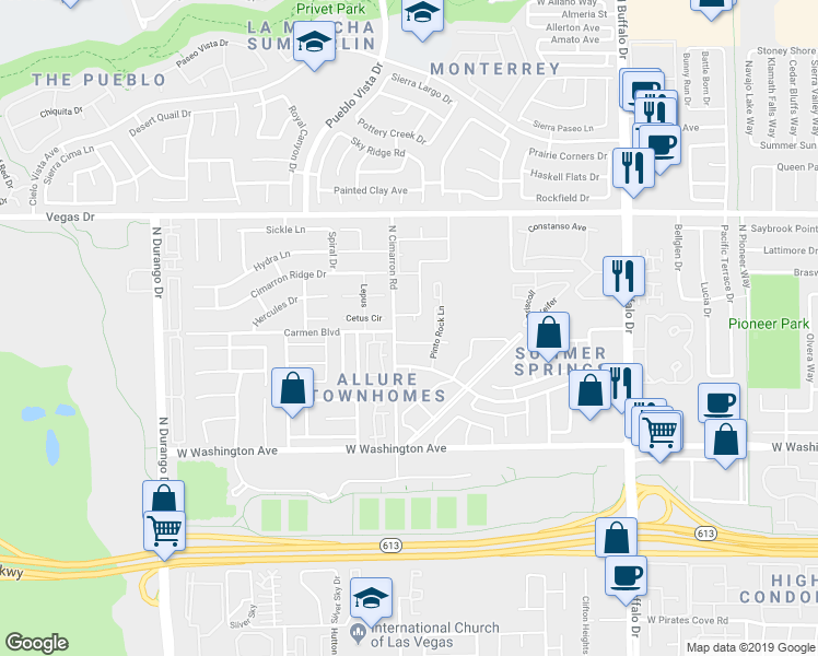 map of restaurants, bars, coffee shops, grocery stores, and more near 1108 North Cimarron Road in Las Vegas