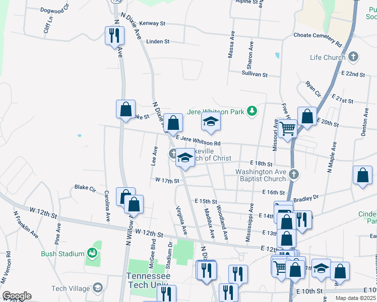 map of restaurants, bars, coffee shops, grocery stores, and more near 22 B East 18th Street in Cookeville