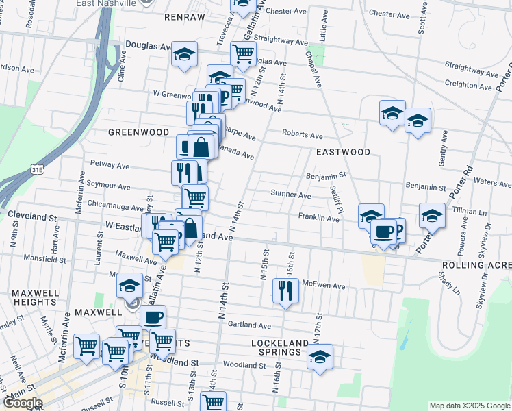 map of restaurants, bars, coffee shops, grocery stores, and more near 1410 Franklin Avenue in Nashville