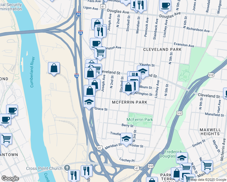 map of restaurants, bars, coffee shops, grocery stores, and more near 802 Stockell Street in Nashville