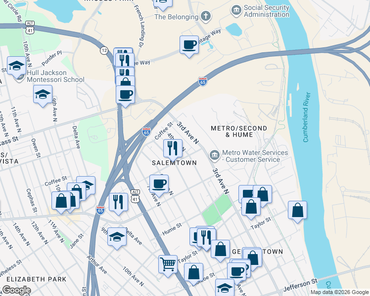 map of restaurants, bars, coffee shops, grocery stores, and more near 1803 4th Avenue North in Nashville