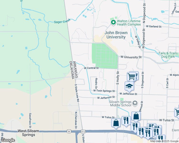 map of restaurants, bars, coffee shops, grocery stores, and more near 2203 West Alpine Circle in Siloam Springs