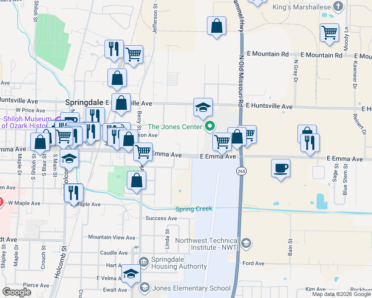 map of restaurants, bars, coffee shops, grocery stores, and more near 800 East Emma Avenue in Springdale