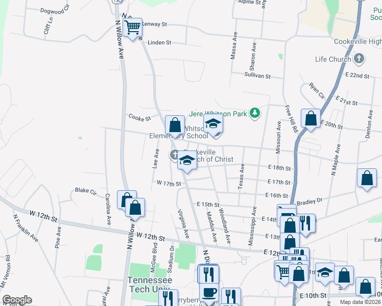map of restaurants, bars, coffee shops, grocery stores, and more near 22 B East 18th Street in Cookeville
