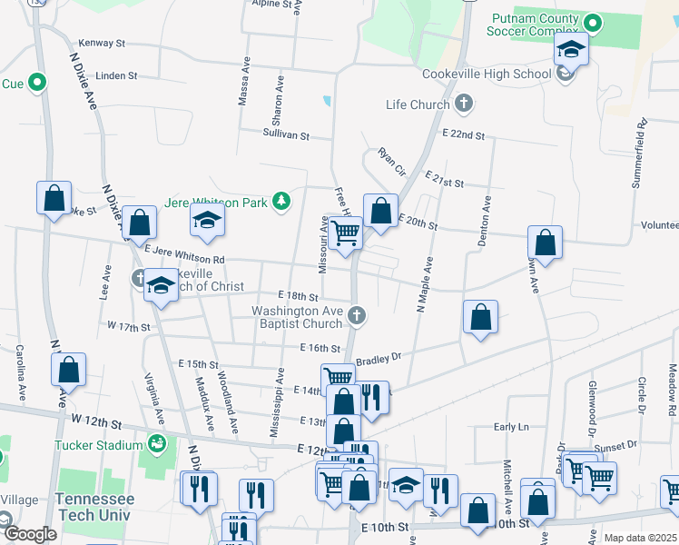 map of restaurants, bars, coffee shops, grocery stores, and more near 377 East Jere Whitson Road in Cookeville