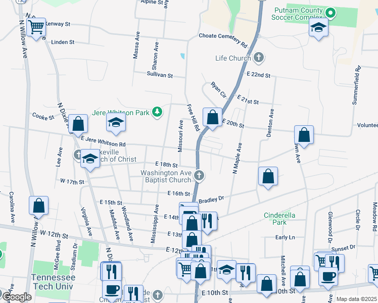map of restaurants, bars, coffee shops, grocery stores, and more near 375 East Jere Whitson Road in Cookeville