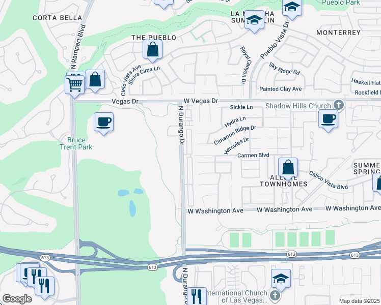 map of restaurants, bars, coffee shops, grocery stores, and more near 1301 Dusty Creek Street in Las Vegas