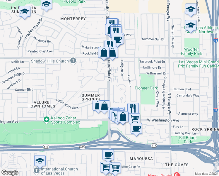 map of restaurants, bars, coffee shops, grocery stores, and more near 1150 Buffalo Drive in Las Vegas