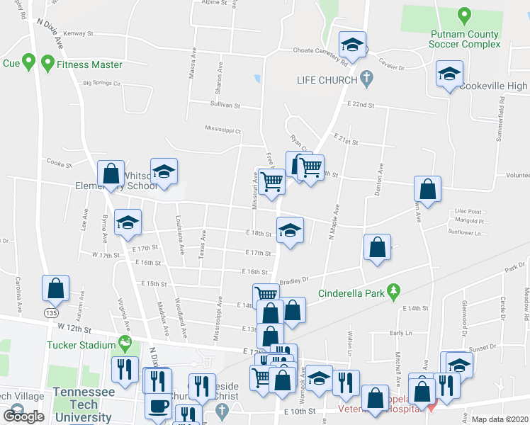 map of restaurants, bars, coffee shops, grocery stores, and more near 373 East Jere Whitson Road in Cookeville