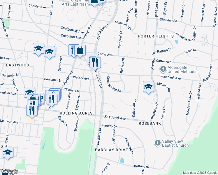 map of restaurants, bars, coffee shops, grocery stores, and more near 916 Crescent Hill Road in Nashville