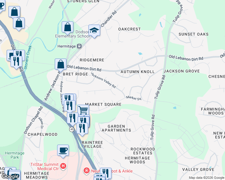 map of restaurants, bars, coffee shops, grocery stores, and more near 1312 Presidential Trce in Nashville