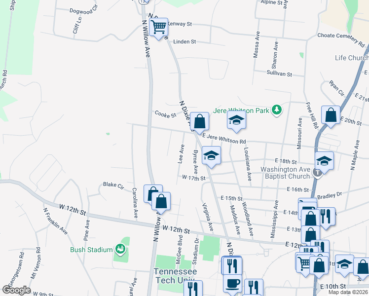 map of restaurants, bars, coffee shops, grocery stores, and more near 1825 Lee Avenue in Cookeville