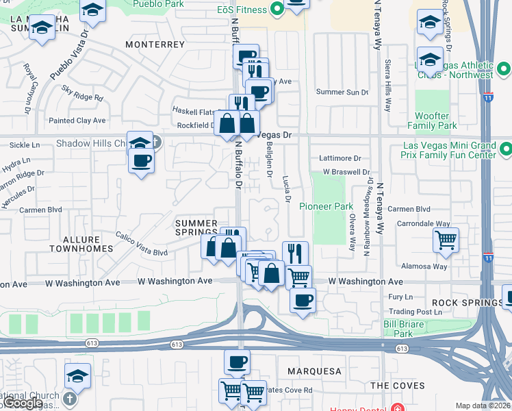 map of restaurants, bars, coffee shops, grocery stores, and more near 1150 North Buffalo Drive in Las Vegas
