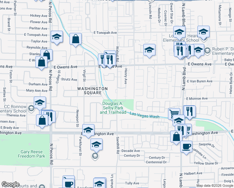 map of restaurants, bars, coffee shops, grocery stores, and more near 1405 North Sandhill Road in Las Vegas