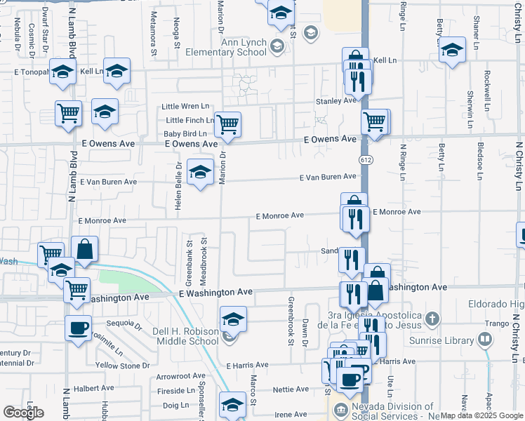map of restaurants, bars, coffee shops, grocery stores, and more near 4818 East Monroe Avenue in Las Vegas