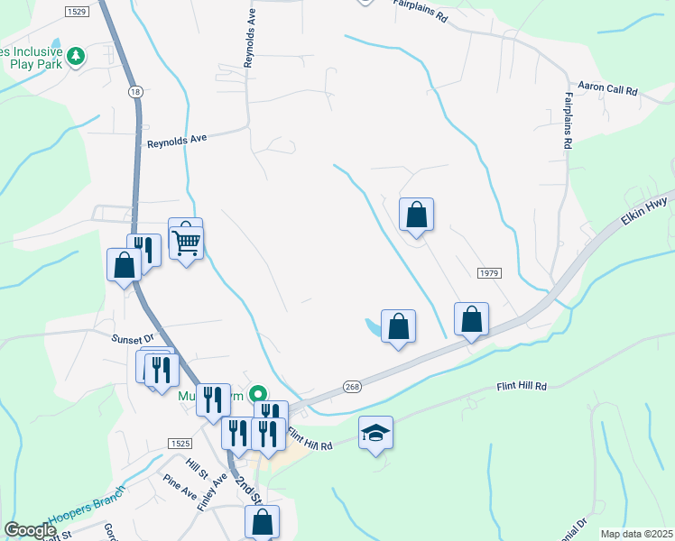 map of restaurants, bars, coffee shops, grocery stores, and more near in North Wilkesboro