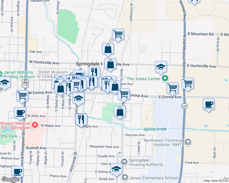 map of restaurants, bars, coffee shops, grocery stores, and more near 413 E Emma Ave in Springdale