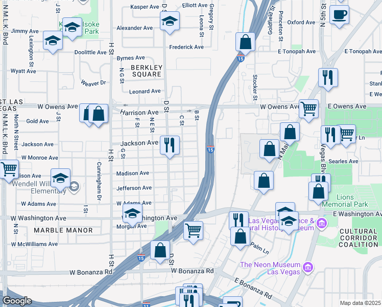 map of restaurants, bars, coffee shops, grocery stores, and more near 210 West Monroe Avenue in Las Vegas