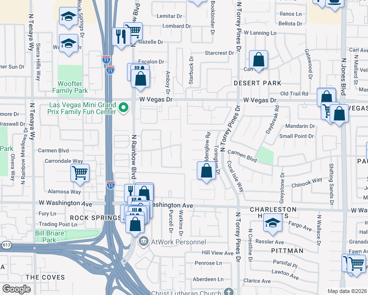 map of restaurants, bars, coffee shops, grocery stores, and more near 6536 Ruby Red Circle in Las Vegas