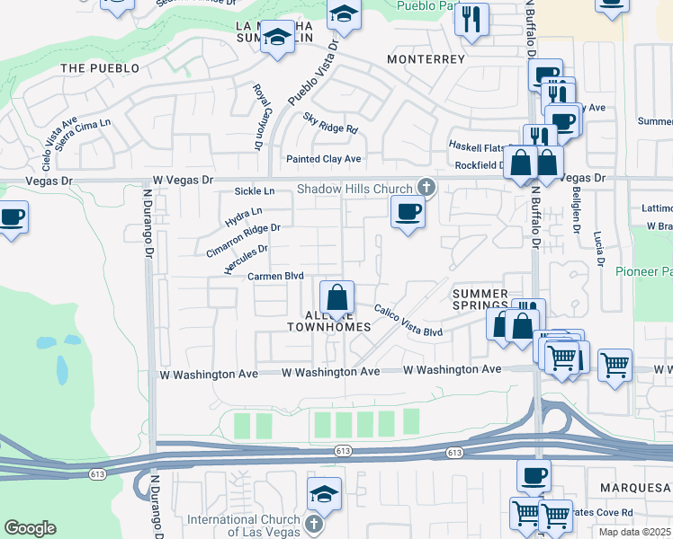 map of restaurants, bars, coffee shops, grocery stores, and more near 1108 North Cimarron Road in Las Vegas