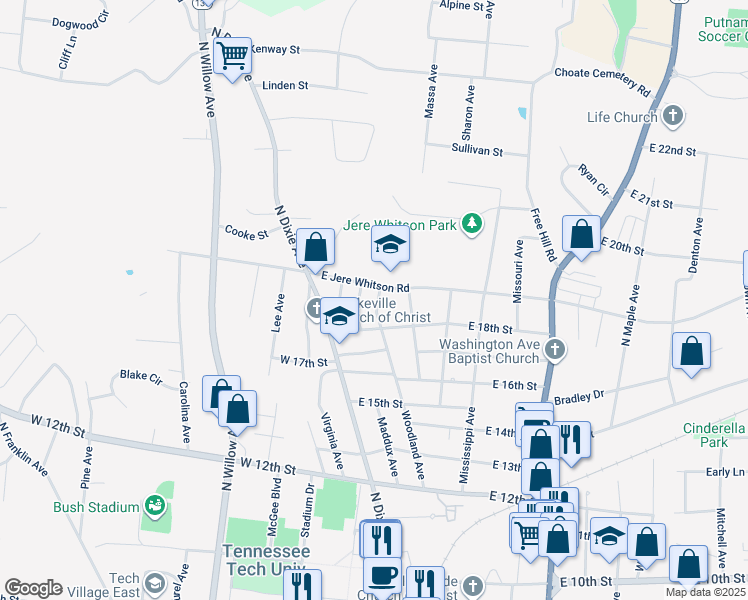map of restaurants, bars, coffee shops, grocery stores, and more near 1800 Woodland Avenue in Cookeville