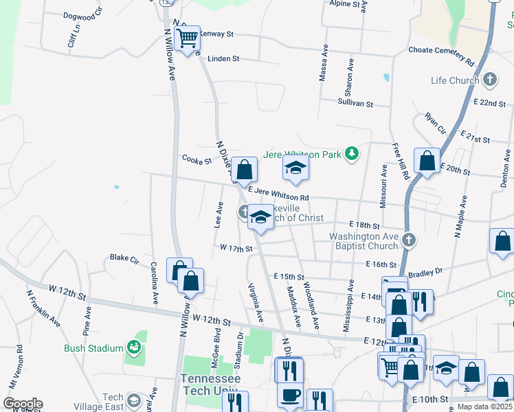 map of restaurants, bars, coffee shops, grocery stores, and more near 22 B East 18th Street in Cookeville