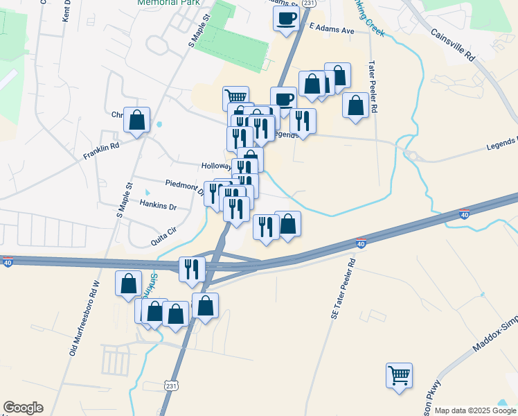 map of restaurants, bars, coffee shops, grocery stores, and more near 1000 Cumberland Center Boulevard in Lebanon