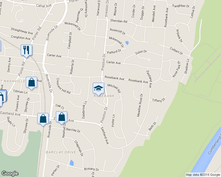 map of restaurants, bars, coffee shops, grocery stores, and more near 1013 Preston Drive in Nashville