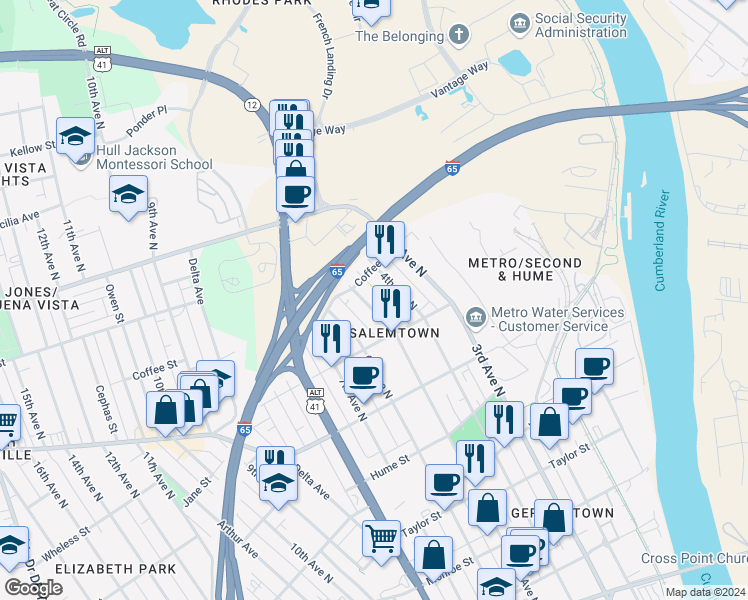 map of restaurants, bars, coffee shops, grocery stores, and more near 1818 5th Avenue North in Nashville