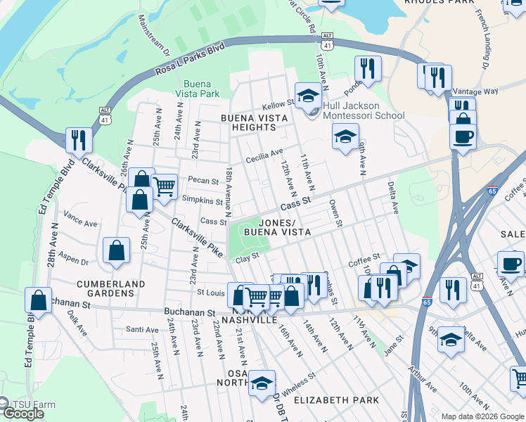 map of restaurants, bars, coffee shops, grocery stores, and more near 2015 14th Avenue in Nashville