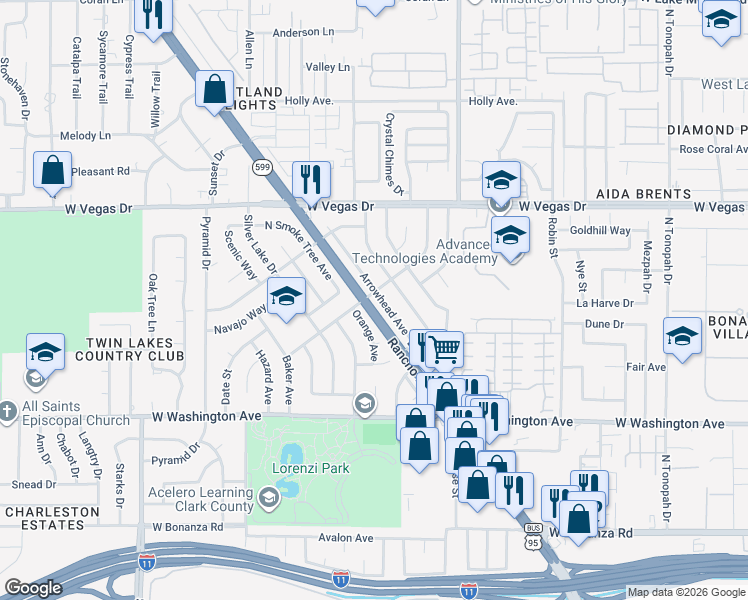 map of restaurants, bars, coffee shops, grocery stores, and more near 1113 Arrowhead Avenue in Las Vegas