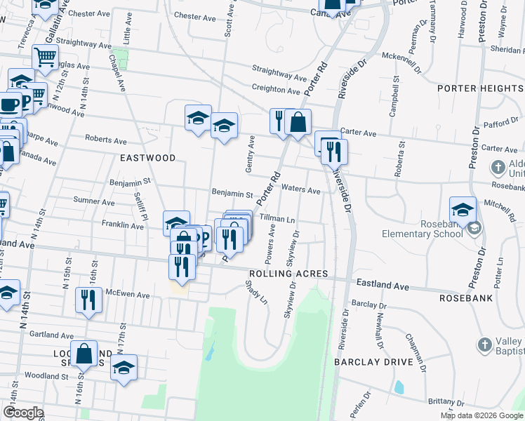 map of restaurants, bars, coffee shops, grocery stores, and more near 821 Porter Road in Nashville