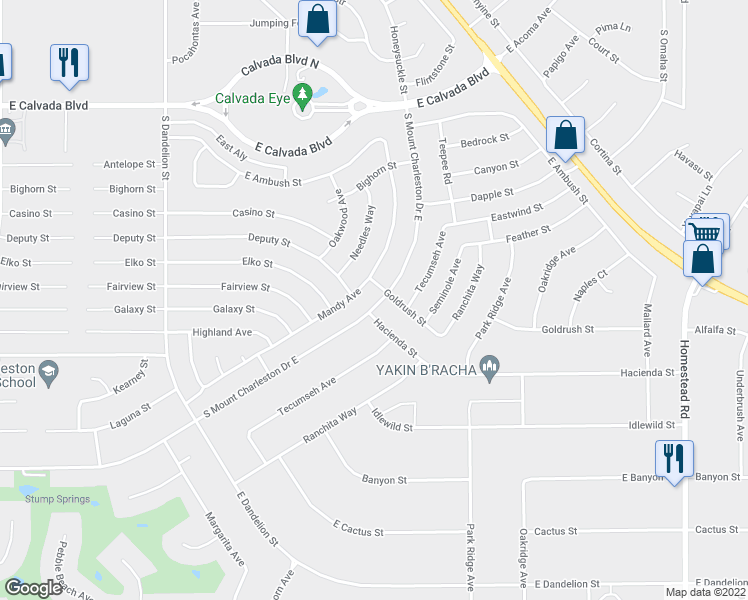 map of restaurants, bars, coffee shops, grocery stores, and more near 2360 South Mount Charleston Drive East in Pahrump