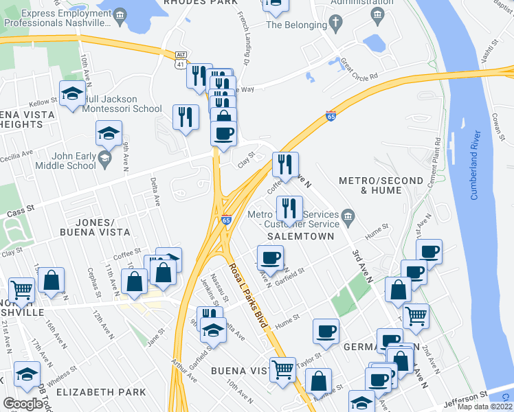 map of restaurants, bars, coffee shops, grocery stores, and more near 1818 6th Avenue North in Nashville