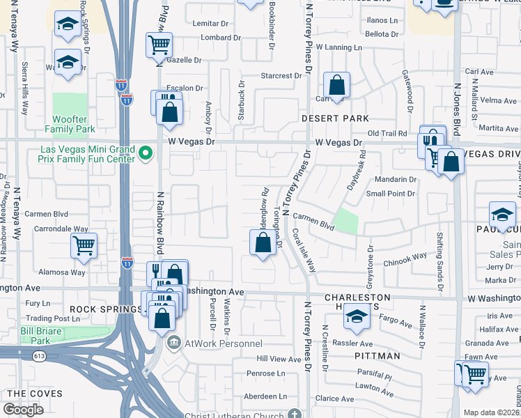 map of restaurants, bars, coffee shops, grocery stores, and more near 6500 White Swan Circle in Las Vegas