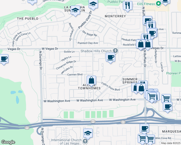 map of restaurants, bars, coffee shops, grocery stores, and more near 8005 Cetus Circle in Las Vegas
