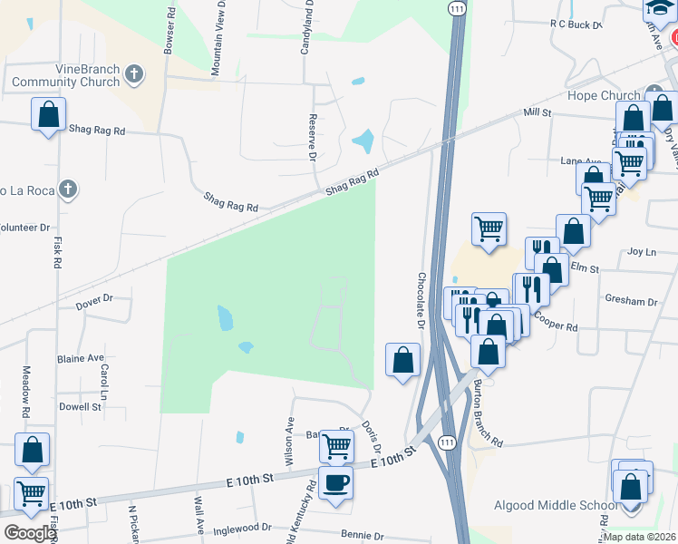 map of restaurants, bars, coffee shops, grocery stores, and more near 1769 Fairway Drive in Cookeville